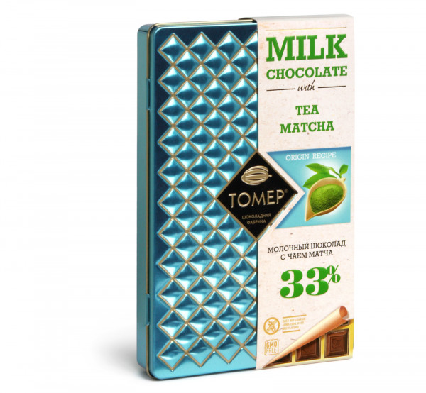 №1 Фабрика Томер металлический бокс Молочный шоколад с чаем МАТЧА ,33%  90г в Усть-лабинске