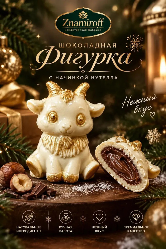  Шоколад фигурный "Мультяшный козлик" белый шоколад с начинкой нутелла(блок 5шт по 70г) в Усть-лабинске